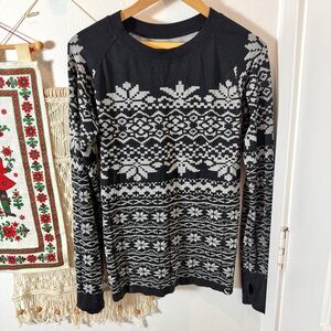 Vintage Fair Isle Athletic Long Sleeve Workout Top Black & White Thumbhole L